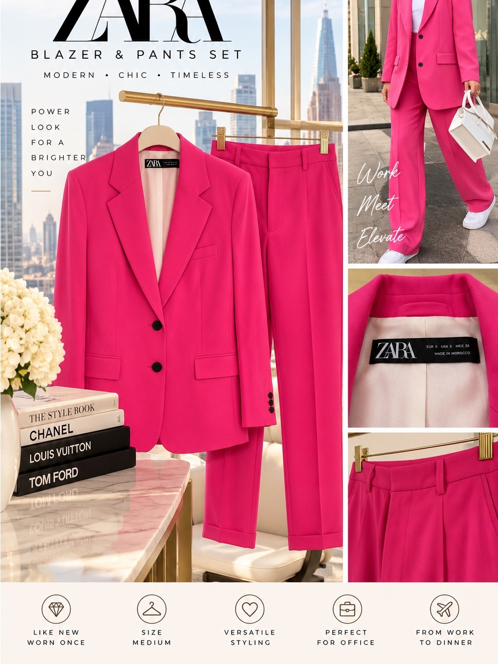 Zara Vibrant Hot Pink Wide-Leg Suit Pants sz pants m blazer s ( looks m)